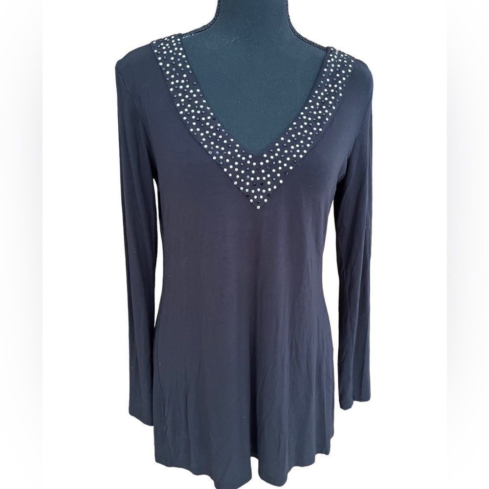 Rose & Olive black v neck tunic with neckline embellishment , size M